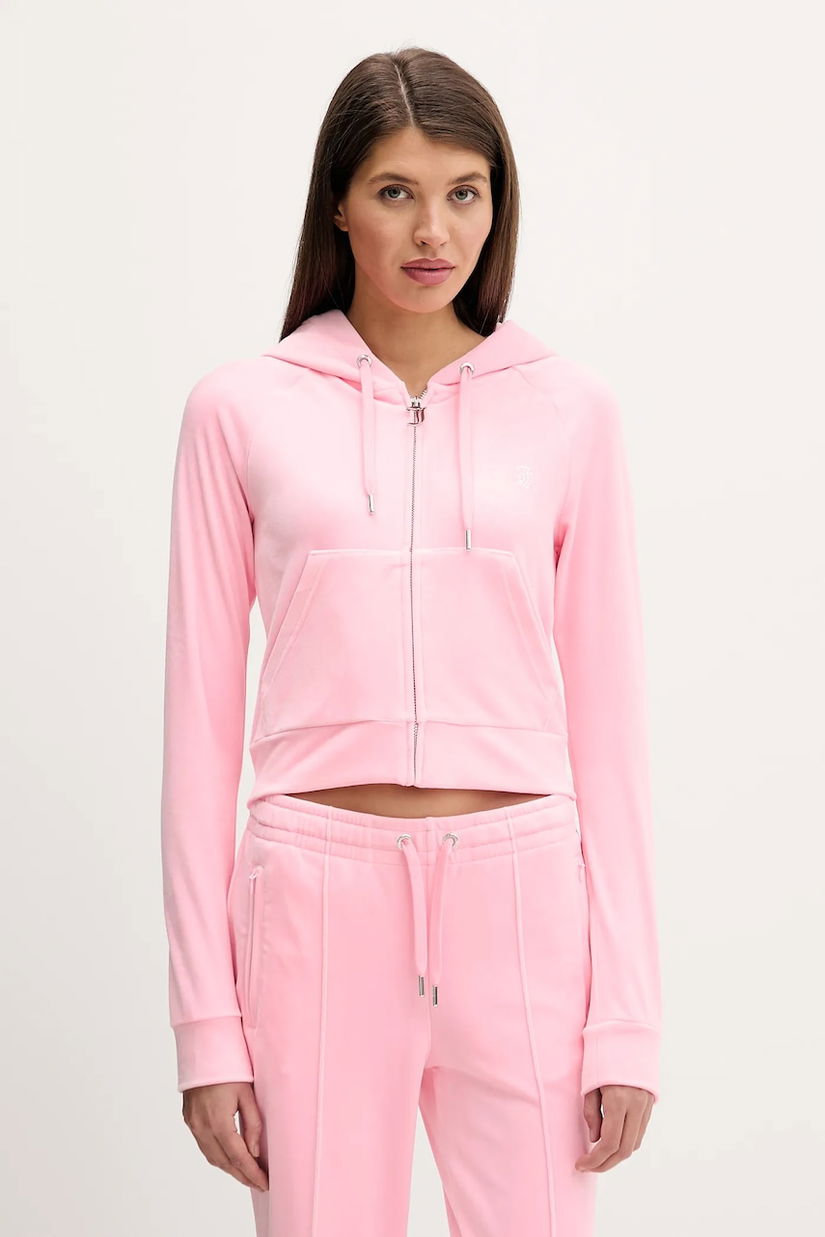 Juicy Couture bluză din velur culoarea bej, cu glugă, cu imprimeu, JCWAS225306