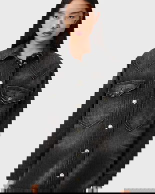 AllSaints cămașă jeans culoarea negru, cu guler clasic, regular, W094PD