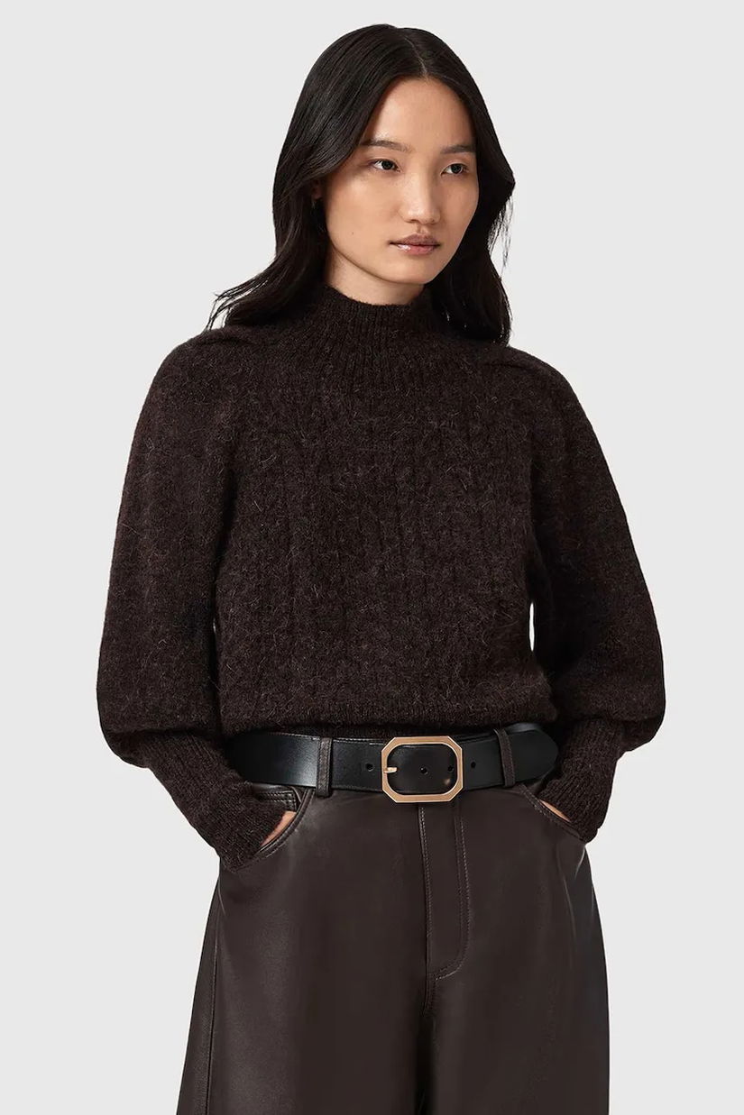 AllSaints pulover din amestec de lână de alpaca culoarea maro, cu turtleneck, W090KD