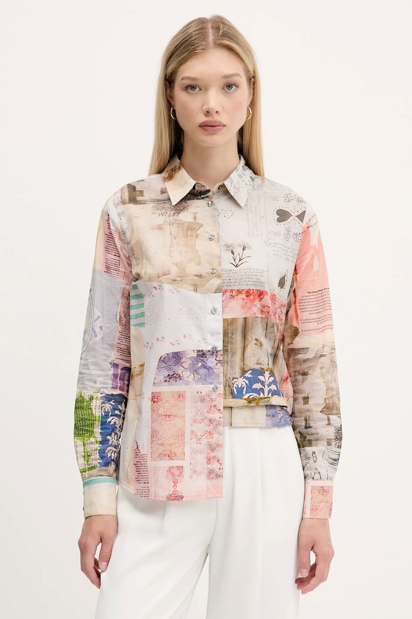 Desigual cămașă din bumbac PHOTOPOST culoarea bej, cu guler clasic, regular, 25WWCW18