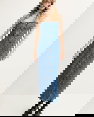 Rotate rochie din denim culoarea negru, midi, mulată, 1140741602