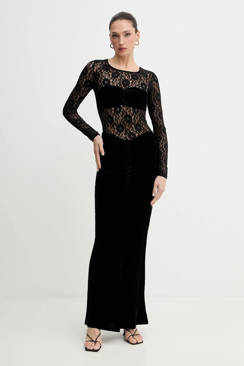 Bardot rochie de catifea culoarea negru, maxi, mulată, 60151DB