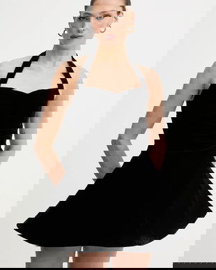 Bardot rochie culoarea negru, mini, evazați, 60215DB