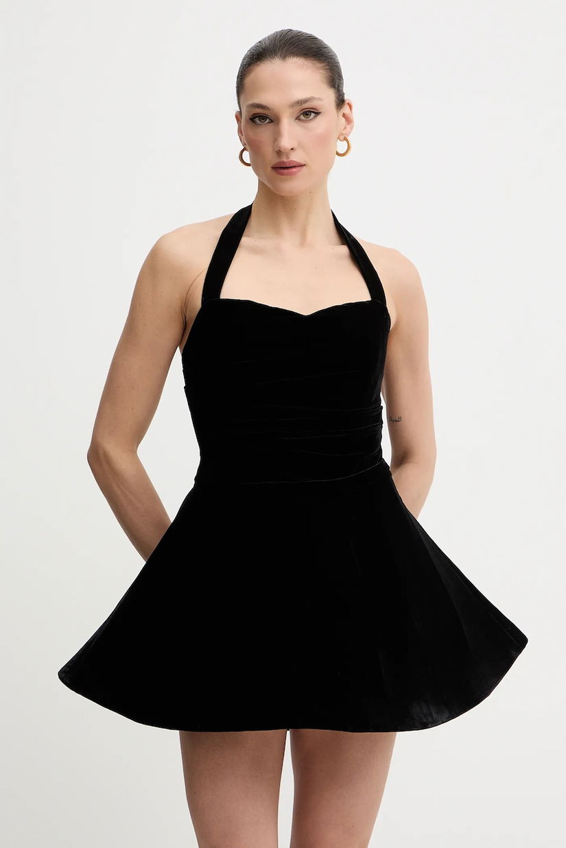 Bardot rochie culoarea negru, mini, evazați, 60215DB