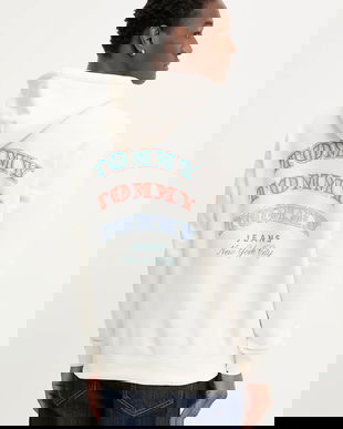 Tommy Jeans hanorac de bumbac culoarea bej, cu glugă, cu imprimeu, DM0DM22365