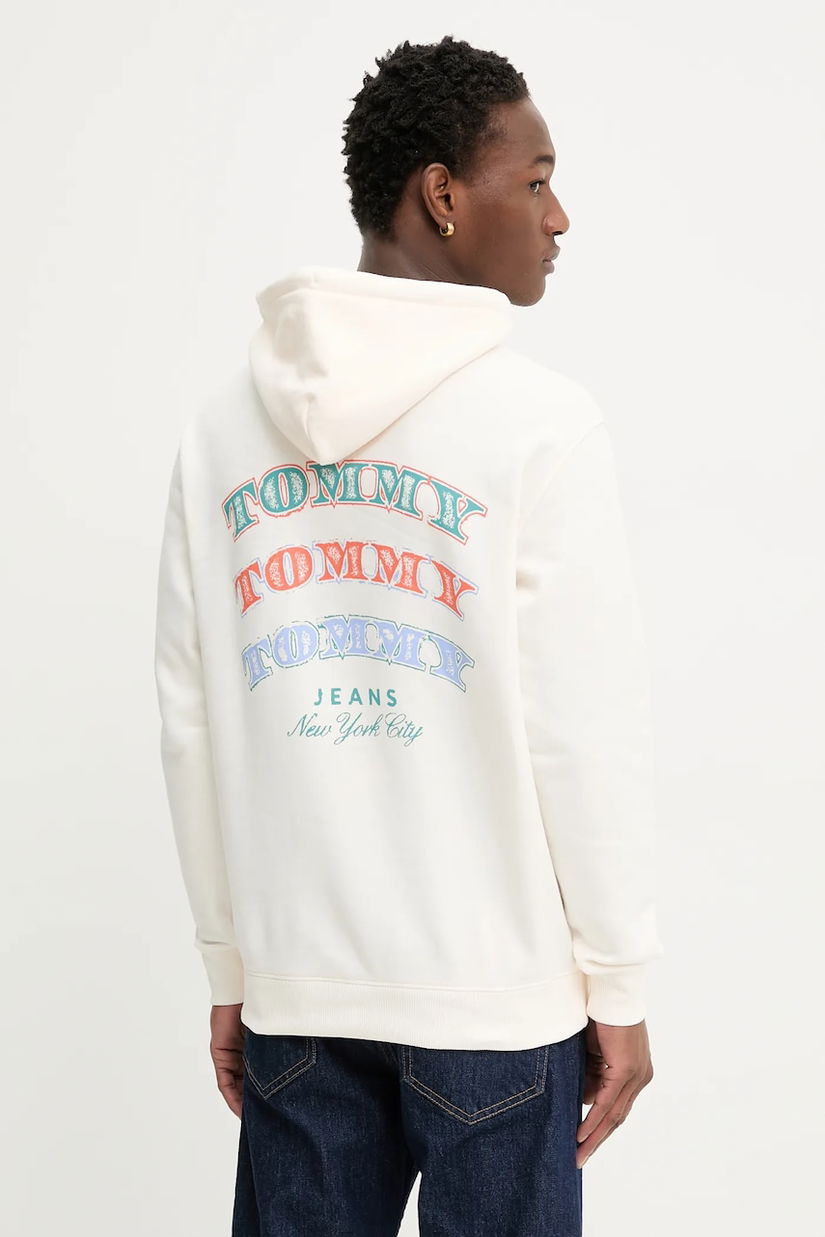 Tommy Jeans hanorac de bumbac culoarea bej, cu glugă, cu imprimeu, DM0DM22365