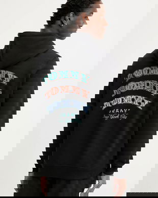 Tommy Jeans hanorac de bumbac culoarea negru, cu glugă, cu imprimeu, DM0DM22365