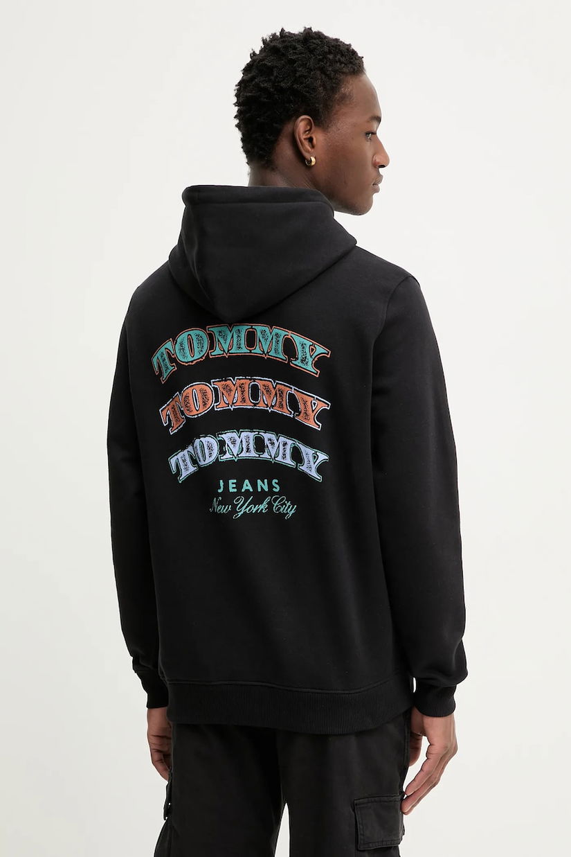Tommy Jeans hanorac de bumbac culoarea negru, cu glugă, cu imprimeu, DM0DM22365