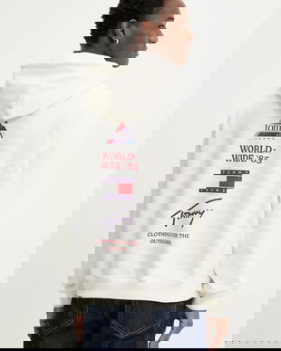 Tommy Jeans hanorac de bumbac culoarea bej, cu glugă, cu imprimeu, DM0DM22379