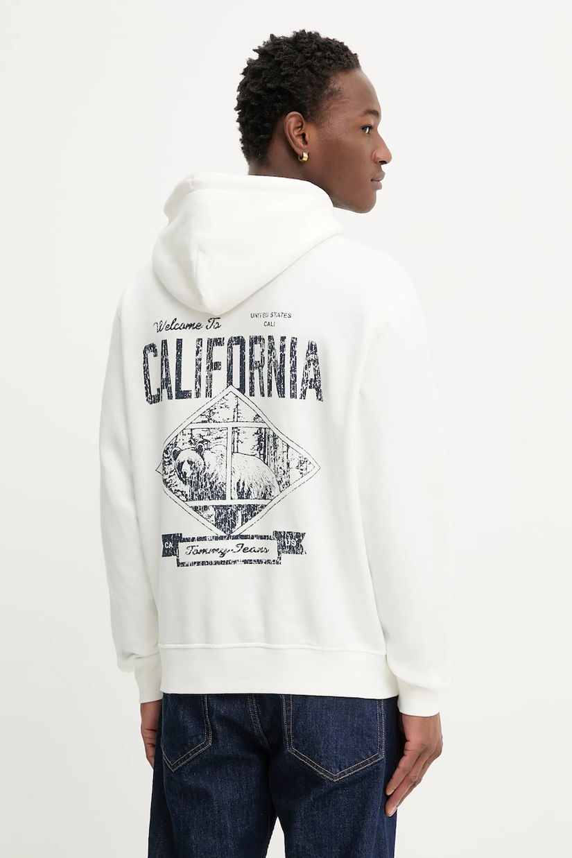 Tommy Jeans bluză culoarea bej, cu glugă, cu imprimeu, DM0DM22380