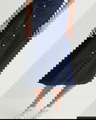 A.P.C. fustă jeans JUPE LONGUE culoarea bleumarin, midi, evazați, COHMJ.F06506