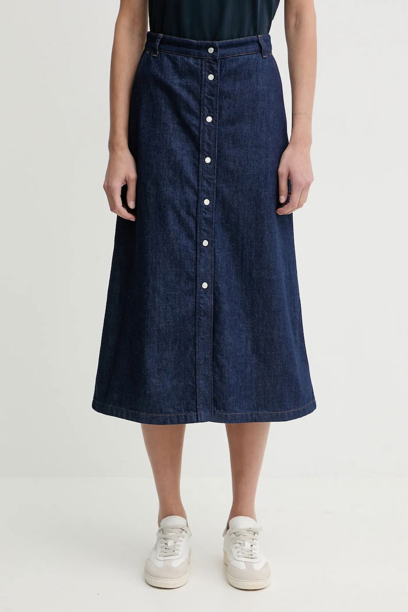 A.P.C. fustă jeans JUPE LONGUE culoarea bleumarin, midi, evazați, COHMJ.F06506