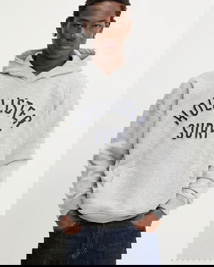 Hollister Co. bluză culoarea gri, cu glugă, cu imprimeu, KI322-5388-122