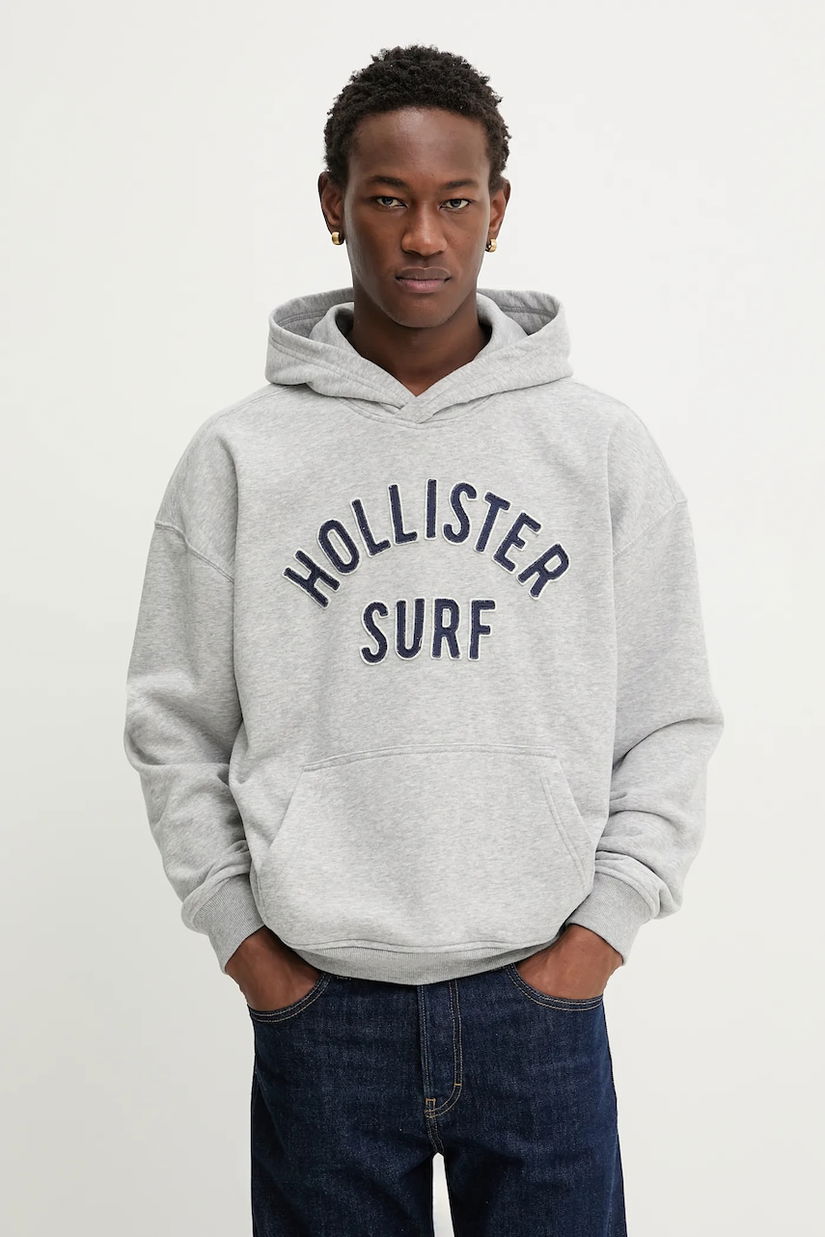 Hollister Co. bluză culoarea gri, cu glugă, cu imprimeu, KI322-5388-122