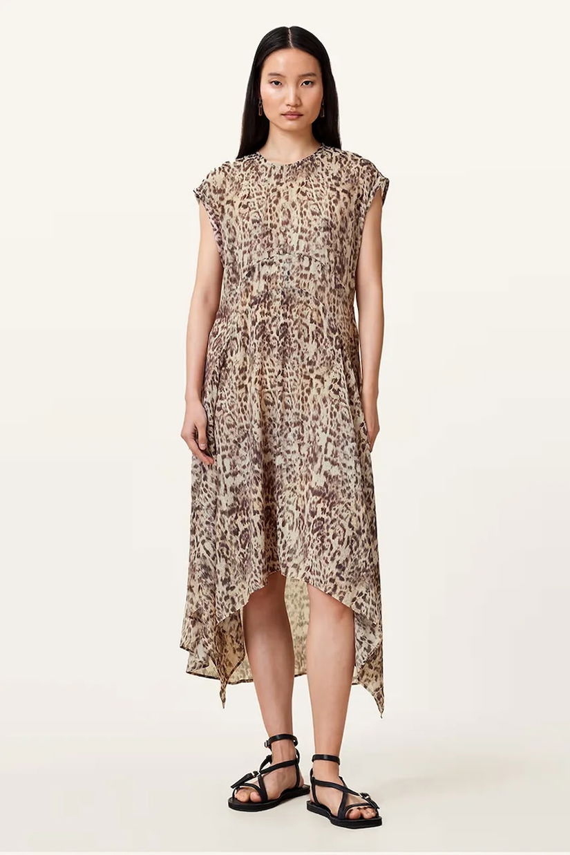 AllSaints rochie ARWEN culoarea bej, midi, evazati, W104DC