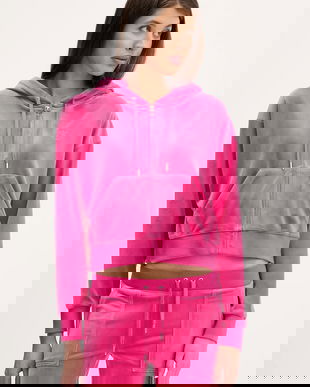 Juicy Couture bluză din velur BRENDAL CROP OVERSIZED HOODIE culoarea negru, cu glugă, uni, JCBAS225801