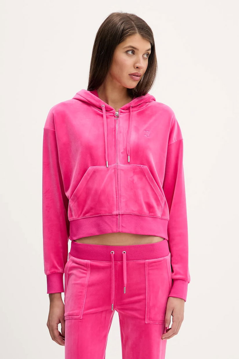 Juicy Couture bluză din velur BRENDAL CROP OVERSIZED HOODIE culoarea negru, cu glugă, uni, JCBAS225801