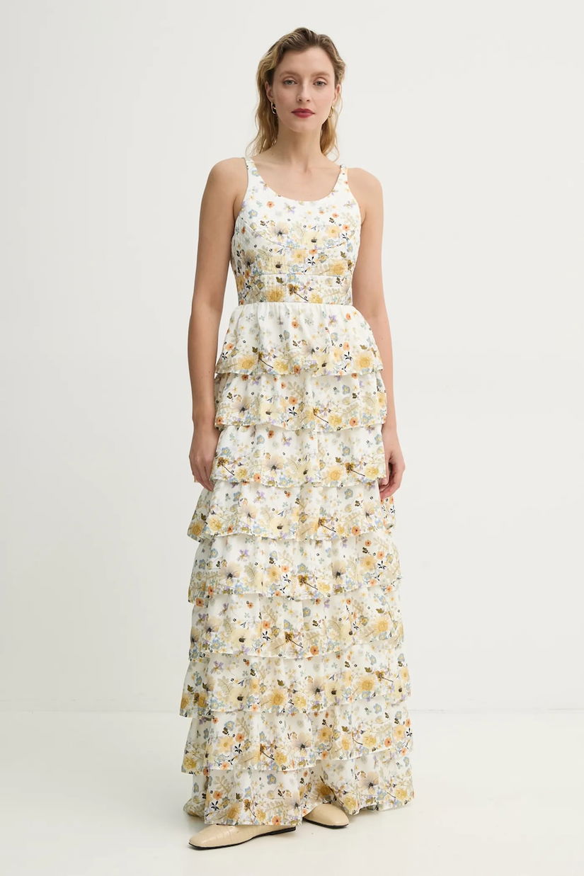 MUNTHE rochie de matase FRUMA culoarea alb, maxi, evazată, 251134025118