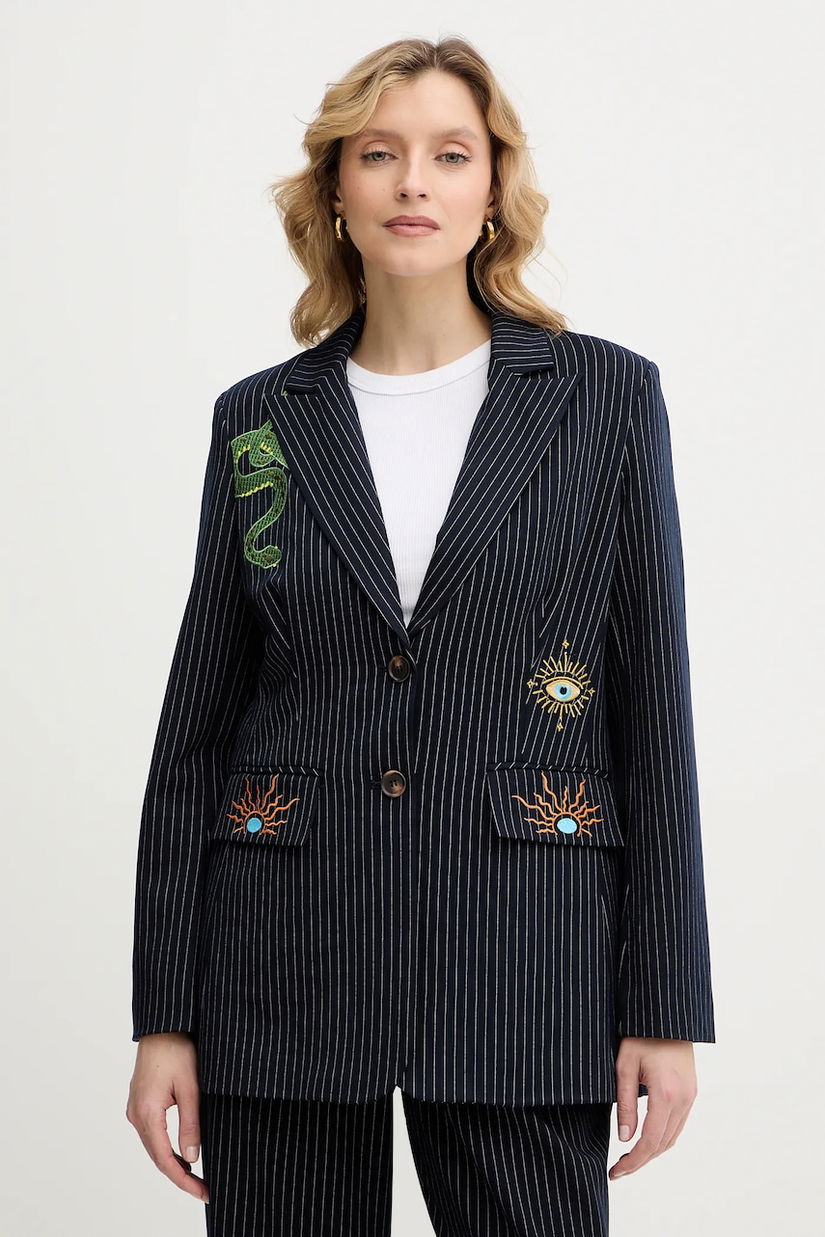 Never Fully Dressed sacou Taylor culoarea bleumarin, un singur rând de nasturi, cu imprimeu, NFDOU449