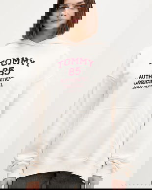 Tommy Jeans hanorac de bumbac culoarea bej, cu glugă, cu imprimeu, DW0DW22603