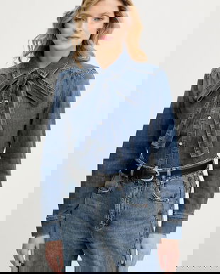 OUI cămașă jeans culoarea bleumarin, cu guler clasic, regular, 96069