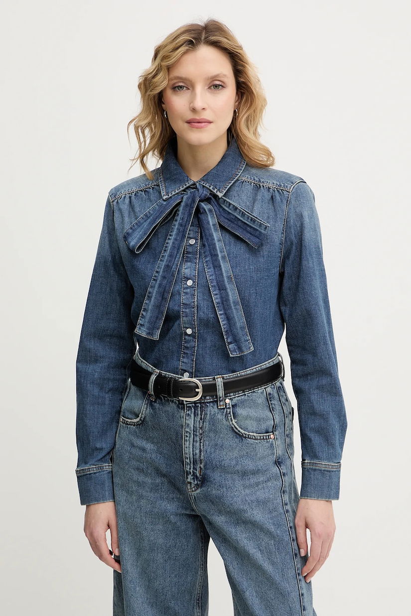 OUI cămașă jeans culoarea bleumarin, cu guler clasic, regular, 96069