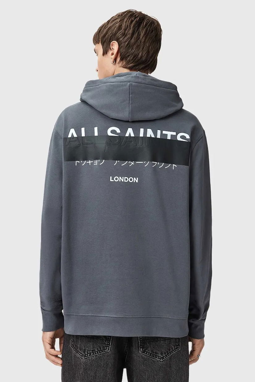 AllSaints hanorac de bumbac REDACT culoarea negru, cu glugă, cu imprimeu, M001NC