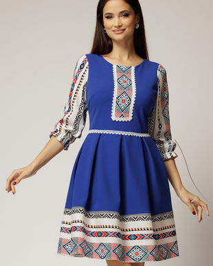 Rochie scurta albastra cu motive etno