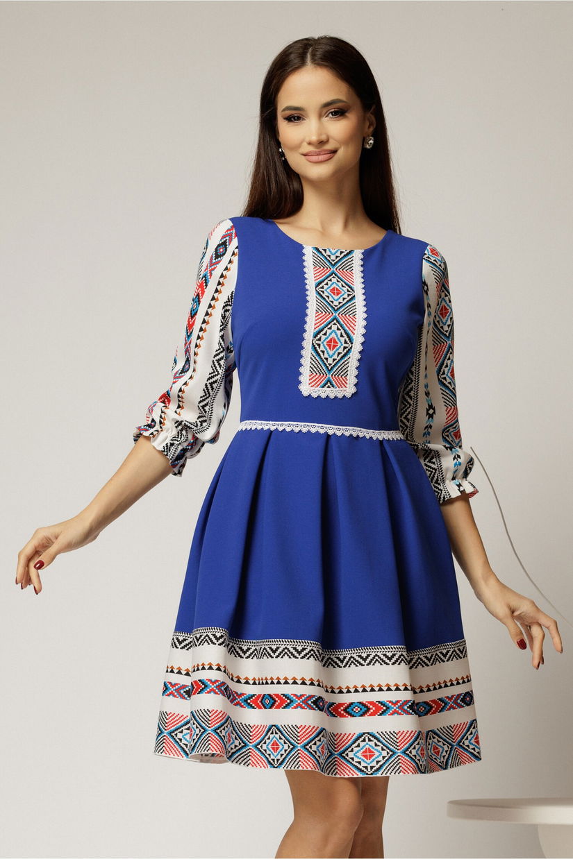 Rochie scurta albastra cu motive etno