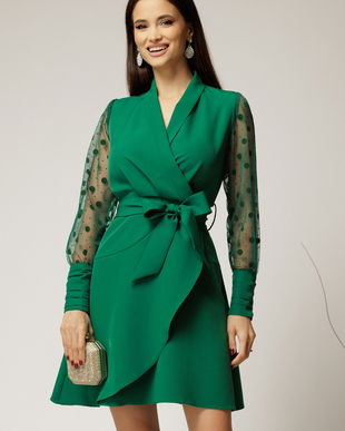 Rochie Kim verde petrecuta cu maneci cu buline catifelate