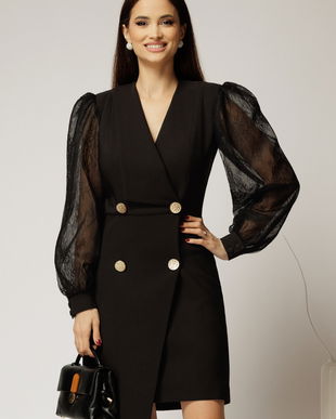 Rochie neagra scurta tip sacou cu maneci din dantela