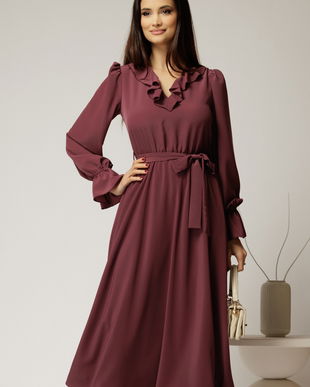 Rochie DY Fashion mov pruna din voal plin cu decolteu in V si volanase