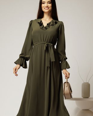 Rochie DY Fashion kaki din voal plin cu decolteu in V si volanase