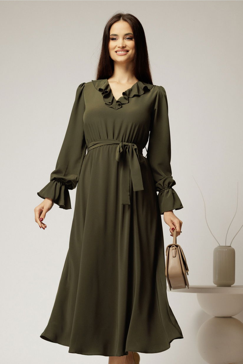 Rochie DY Fashion kaki din voal plin cu decolteu in V si volanase