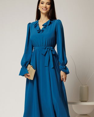 Rochie DY Fashion albastru petrol din voal plin cu decolteu in V si volanase