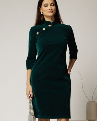 Rochie DY Fashion verde din catifea fixa cu guler tunica si nasturi
