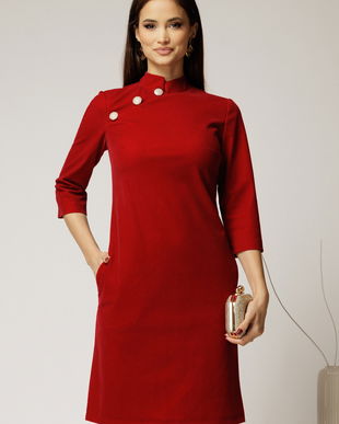 Rochie DY Fashion rosie din catifea fixa cu guler tunica si nasturi