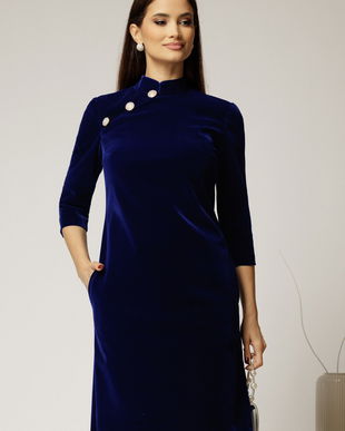 Rochie DY Fashion bleumarin din catifea fixa cu guler tunica si nasturi