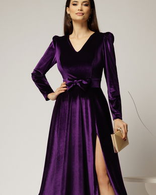Rochie DY Fashion mov din catifea cu decolteu in V si funda in talie
