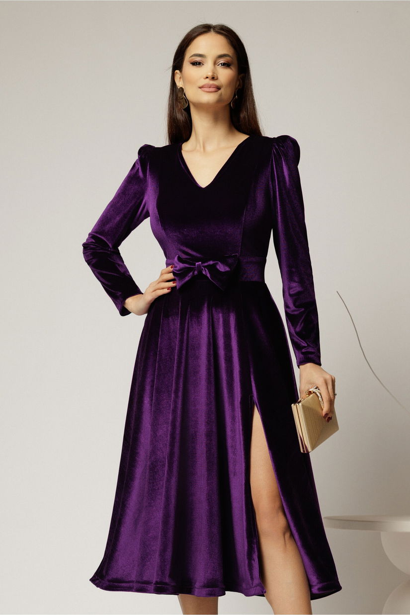 Rochie DY Fashion mov din catifea cu decolteu in V si funda in talie