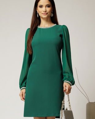 Rochie DY Fashion verde eleganta cu maneci din voal si aplicatii la decolteu