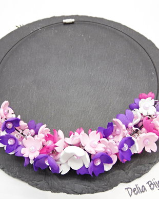 Colier handmade statement cu flori multicolore (cod1349)