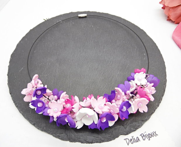 Colier handmade statement cu flori multicolore (cod1349)