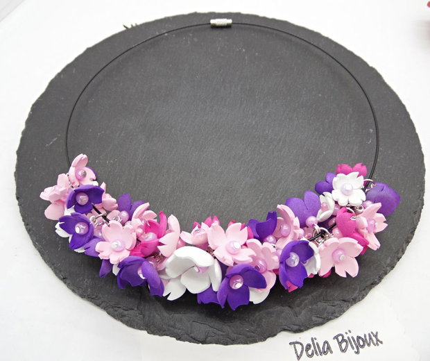 Colier handmade statement cu flori multicolore (cod1349)