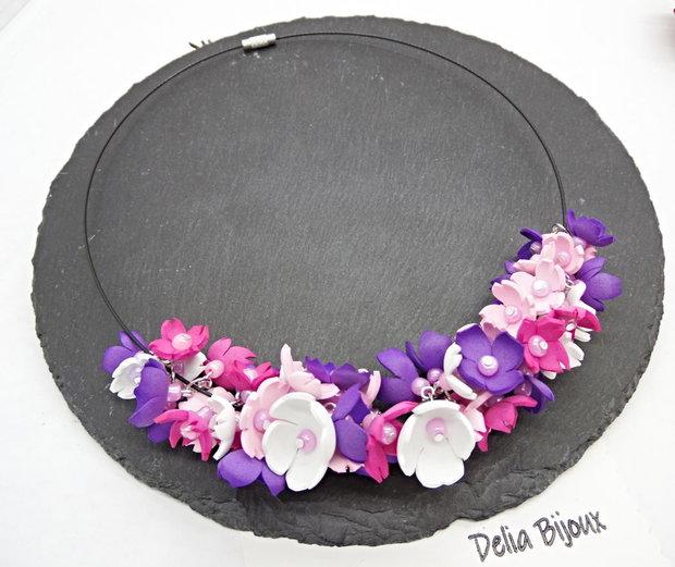 Colier handmade statement cu flori multicolore (cod1349)