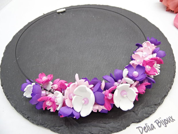 Colier handmade statement cu flori multicolore (cod1349)