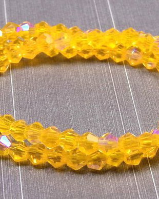 Cristale din sticla, biconice, 3 mm, AB, galben auriu