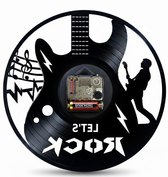 Ceas de Perete din Disc de Vinil, Decorativ, Tema Rock Chitara, Negru, Mecanism Silentios 30x30 cm