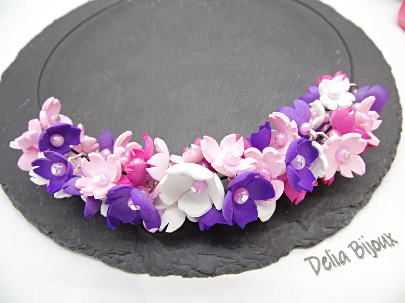 Colier handmade statement cu flori multicolore (cod1349)