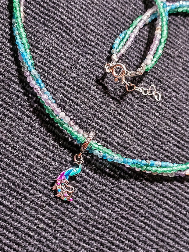 Colier argint X3 apatit ametist calcedonie charm argint emailat paun pasare multicolor minimalist boho chic trendy - Transport gratuit